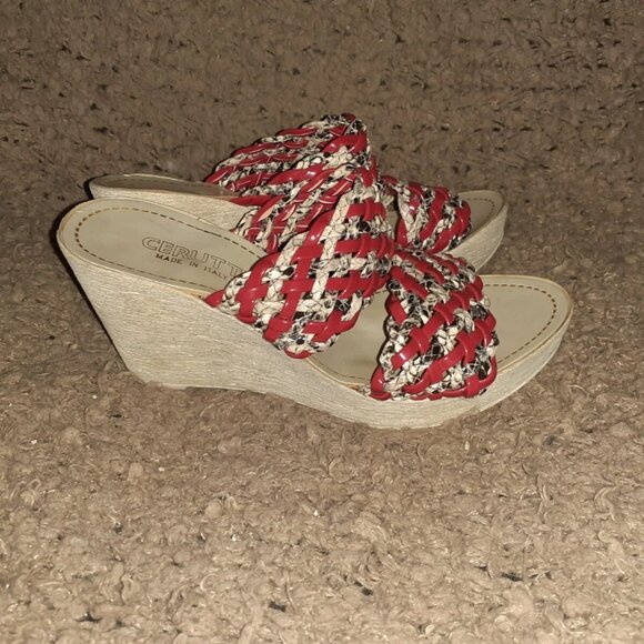 CERUTTI-Italy-Red Patent/Snakeskin Pattern Woven Leather Wedge-Sz 37-Excellent - Picture 4 of 7